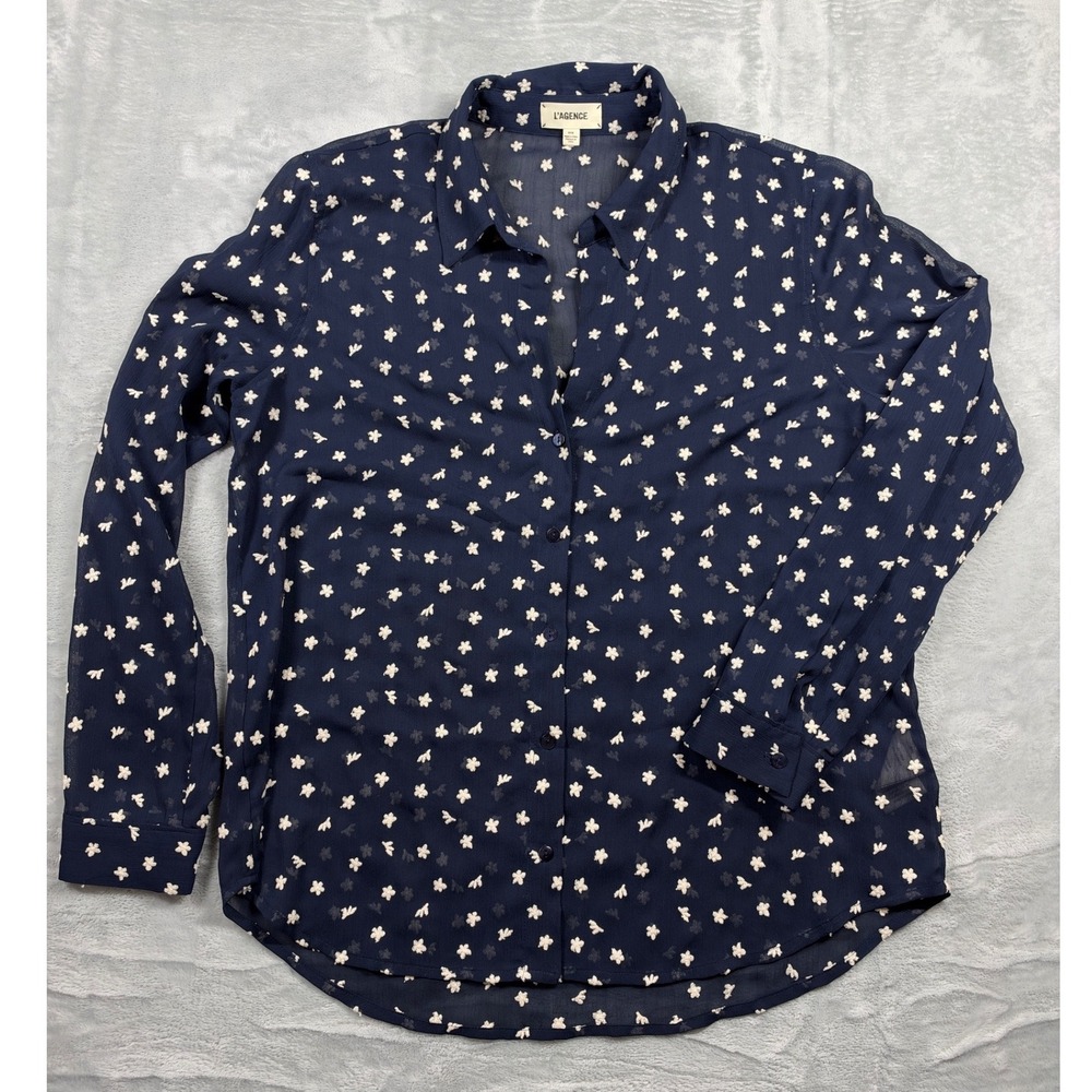 L'AGENCE Laurent Blouse Women M Navy Ivory Floral Embroidered Sheer Button Down